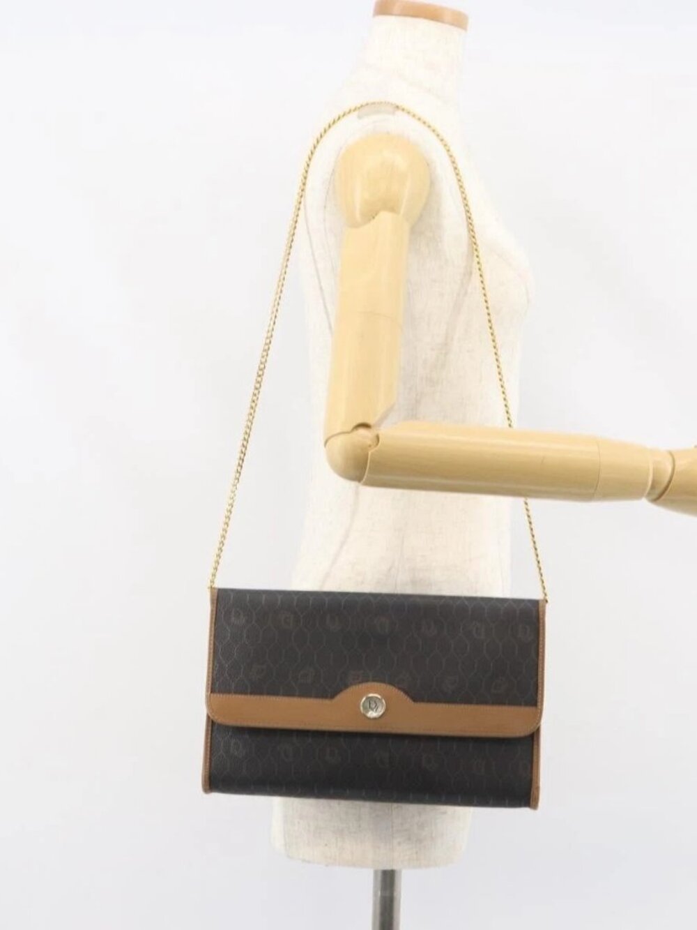 Christian Dior Honeycomb Canvas Chain Shoulder Bag PVC Black Gold Auth 158695